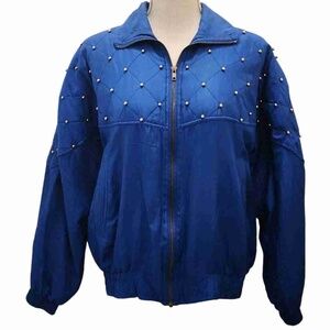 Vintage Kim Rogers Blue Silk Quilted Studded Zipper‎ Jacket Womens Petite Medium